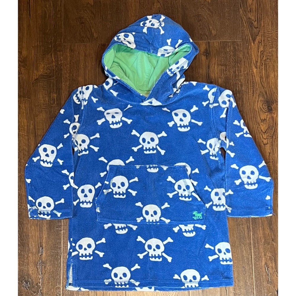 Mini Boden Boys Blue Skull Crossbones Terry Cloth Hoodie Beach Cover Up 5-6y